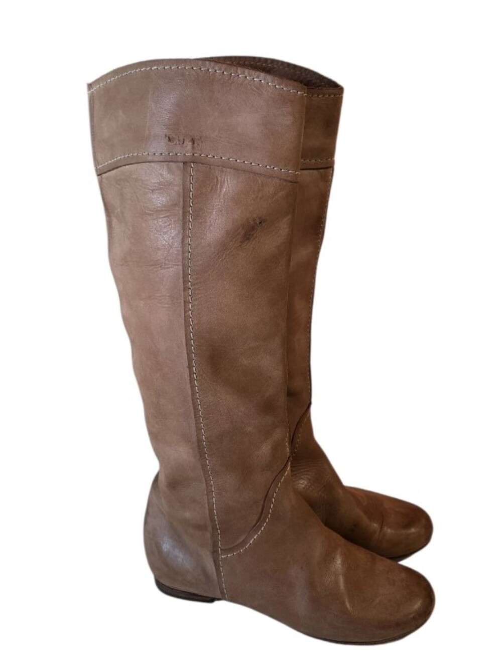 Chloe 35 Tan Knee Length Leather Boots Distessed Flat Boho Chic Riding Boot